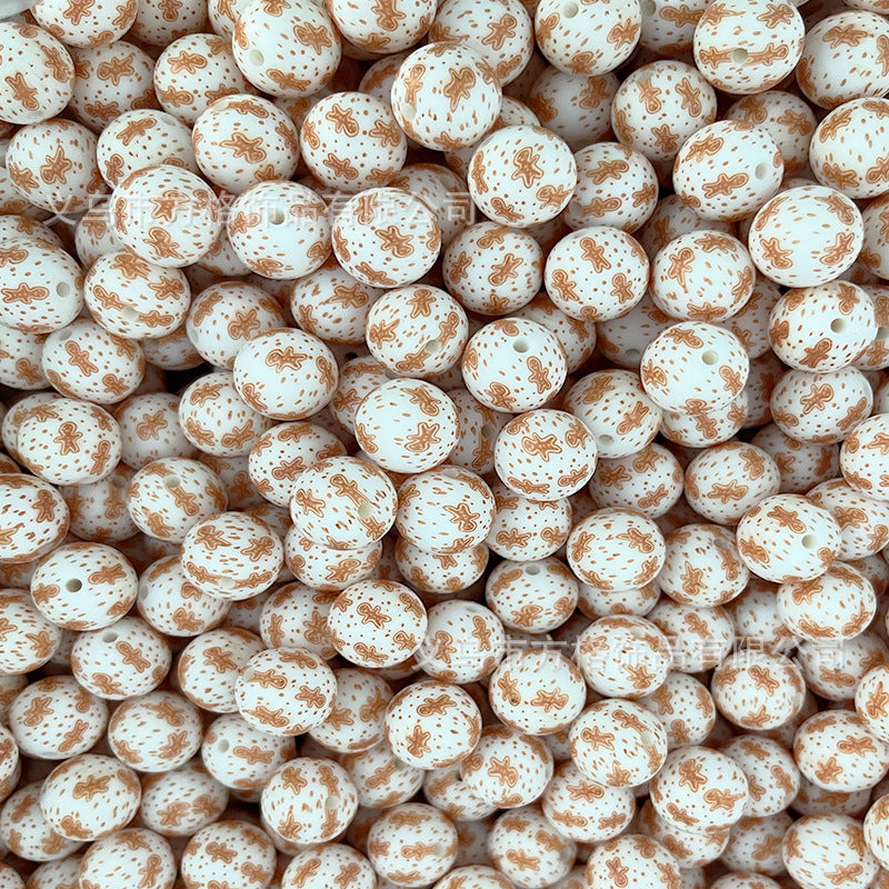 Wholesale 50pcs DIY Christmas Snowman Christmas Tree Printing 15mm Silicone Beads